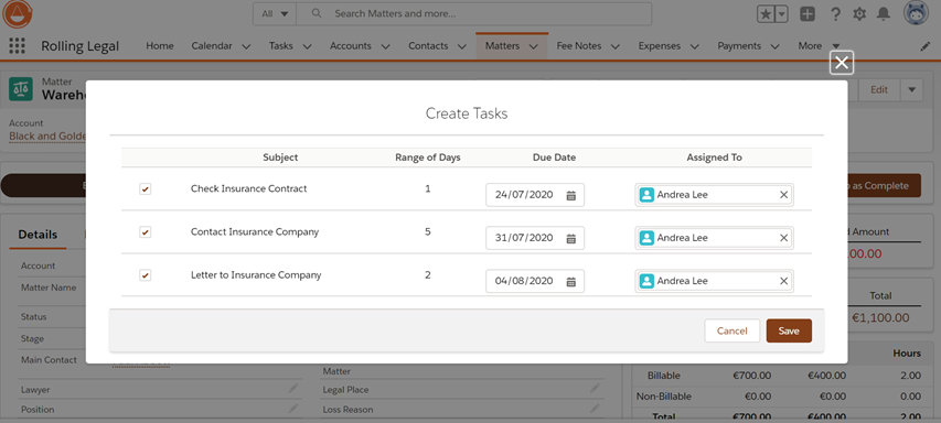 Create tasks Rolling Legal